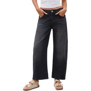 Women Jeans Stretch Denim Mid-Waist Wide Leg Cropped Casual Baggy Pants